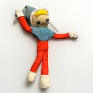 Vintage Christmas Felt Elf Pixie Poseable Wired Hand Painted Fabric Face 4"